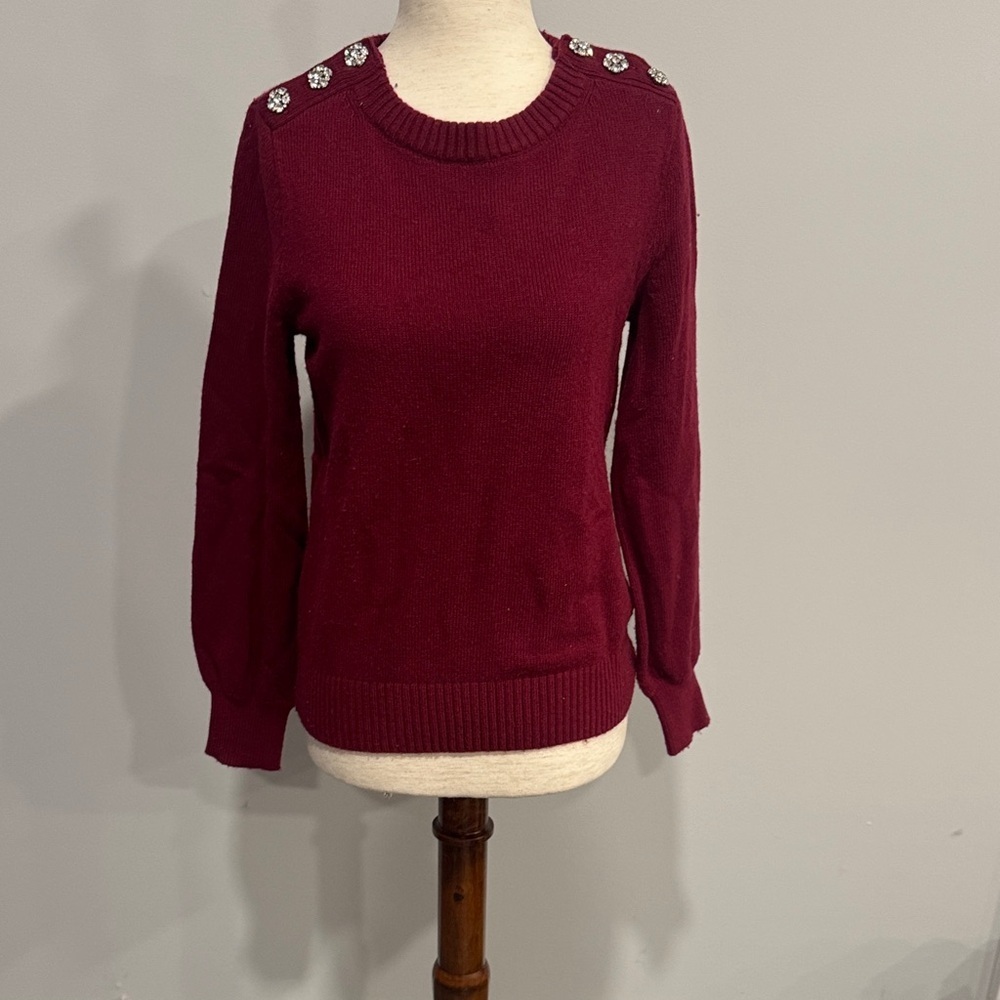 J Crew Red Sweater with Embellished Flower Rhinestone Shoulder Detail XS